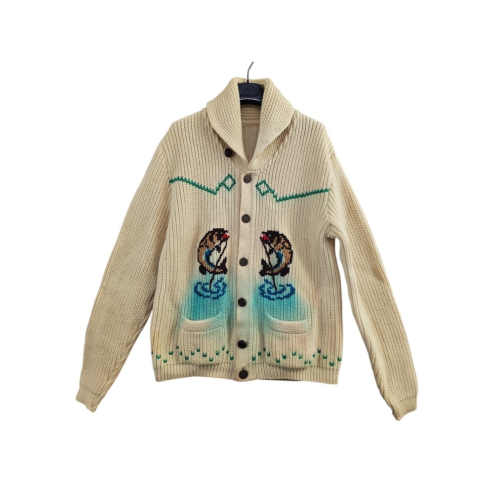 Tundra Cardigan Cowichan Mens XL Cream Fishing Graphic Wool Shawl Collar Vintage